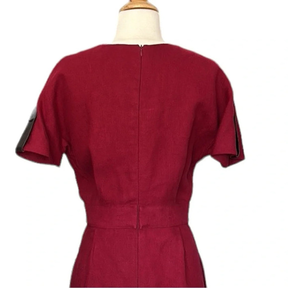 LONGCHAMP Hemp Burgundy Red Faux Wrap Dress Lamb Leather Pockets Career Size 6 - Picture 8 of 16